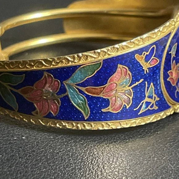 Vintage Cloisonne Hinged Bracelet Bangle Panda Floral Calla Lily Gold Tone - Picture 3 of 15